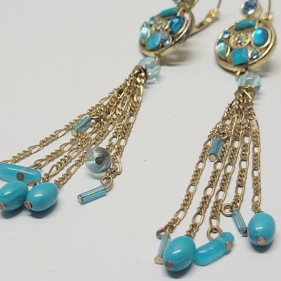 101 Bohemian Dangle 4" earrings gold tone blue beads - Picture 6 of 8